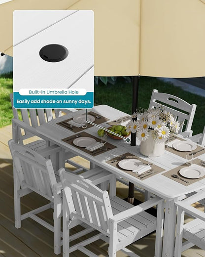 Ciokea HDPE Outdoor Dining Table with Umbrella Hole,66" Rectangle Patio Table for 6,All-Weather Outdoor Patio Furniture Set for Garden Backyard,White