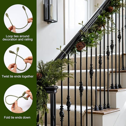 Shappy 24 Pieces Christmas Garland Banister Ties Christmas Decorative Reusable and Flexible Twist Ties for Garland, Banister Home Decoration (Olive Green)