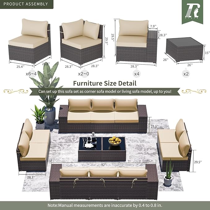16 Pieces Outdoor Patio Furniture Set Outdoor Furniture Patio Sectional Sofa Conversation Sets w/ETL Approved 45" Gas Outdoor Fire Table & Coffee Table, Swivel Rocking Chair (Brown)