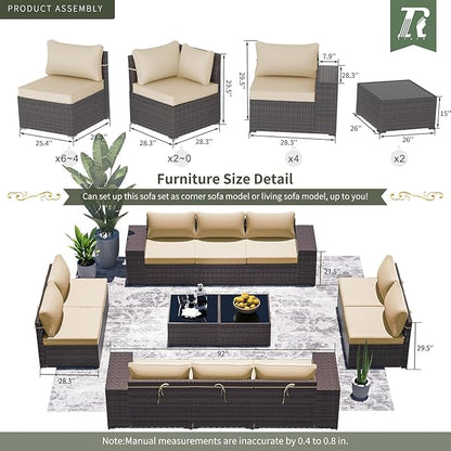 16 Pieces Outdoor Patio Furniture Set Outdoor Furniture Patio Sectional Sofa Conversation Sets w/ETL Approved 45" Gas Outdoor Fire Table & Coffee Table, Swivel Rocking Chair (Brown)