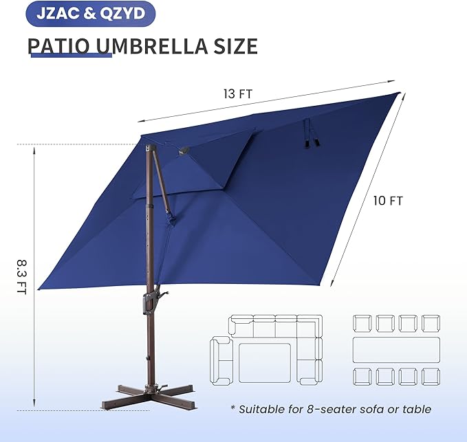 JZAC & QZYD 10 X 13 FT Cantilever Patio Umbrella Outdoor Rectangle Offset Double Top Large Heavy Duty Umbrellas with 360° Rotation for Deck Backyard Garden, Navy
