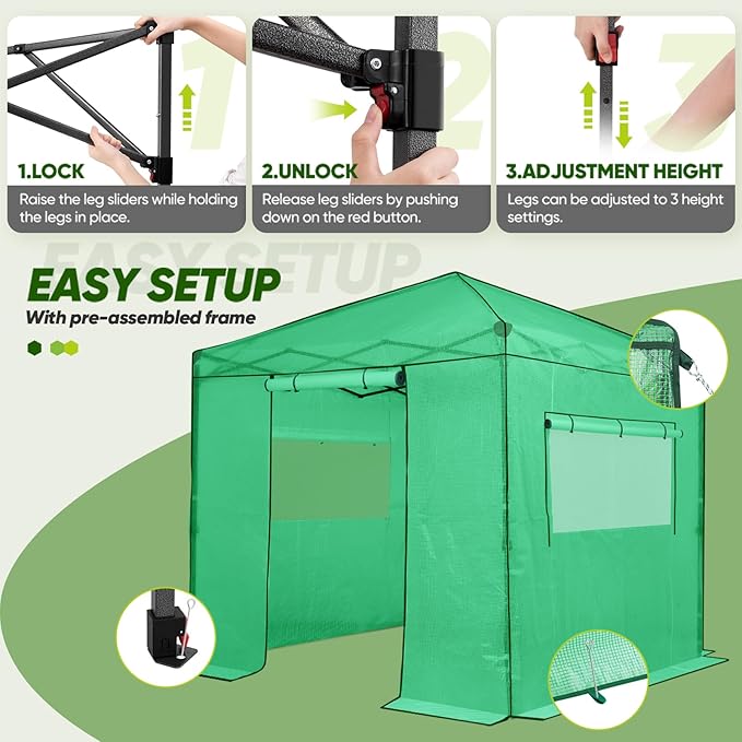EAGLE PEAK Instant Pop-up Greenhouse, Indoor Outdoor Plant Gardening Green House, Roll-Up Zipper Doors and Side Windows, Walk in 8x8 ft, PE Cover, Green/Clear