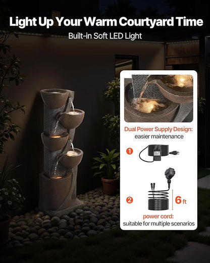 VEVOR Outdoor Water Fountain, 49.61 in Height Fountain and Waterfall, 5-Tier Floor Standing Jar-Shaped Cascading Fountains with LED Light and Pump, for Outdoor Indoor Garden, Home, Patio & Backyard