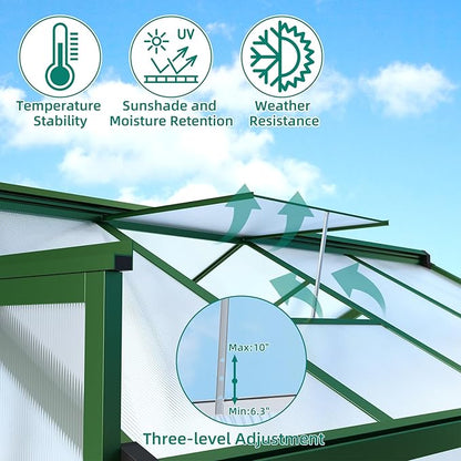 6 X 8 FT Greenhouse, Heavy-Duty Polycarbonate Large Walk-in Greenhouse Roof Vent ,Aluminum Frame & Lockable Door, for Backyard, Green Houses for Outside Garden Backyard