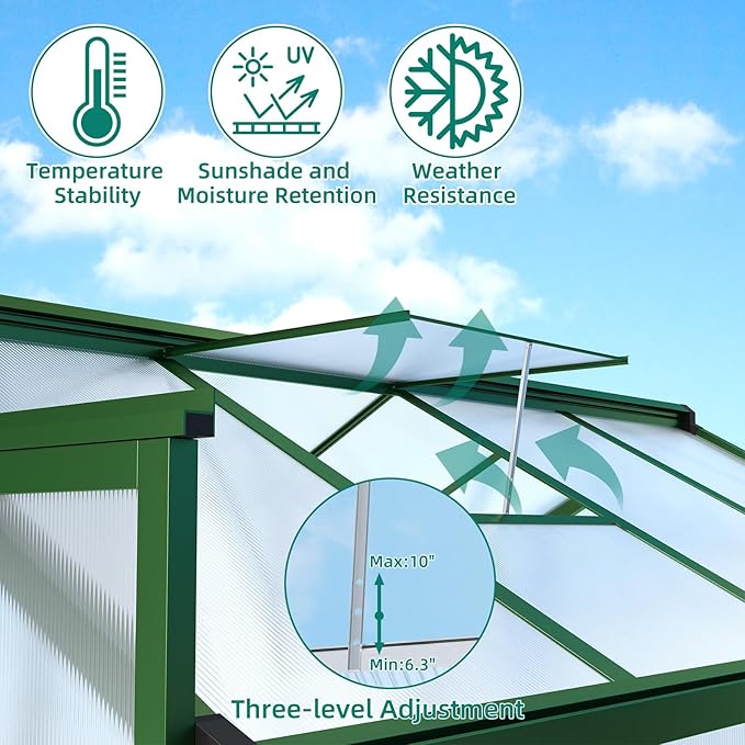 6x10 FT Polycarbonate Greenhouse with Roof Vent - Large Aluminum Walk-in Greenhouse Kit for Gardening, Backyard, Patio, Lawn - Easy Assembly