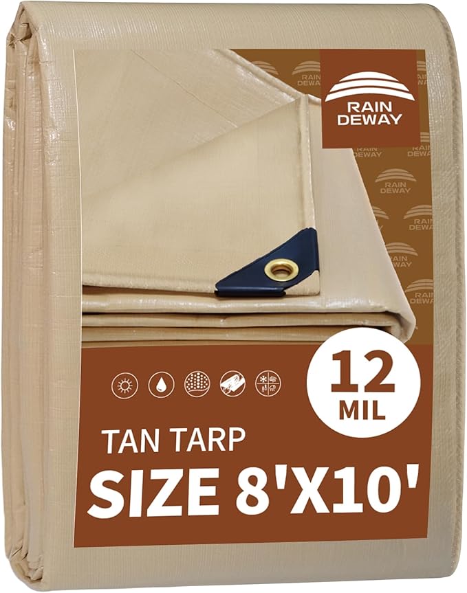 RAINDEWAY 8x10 Feet Heavy Duty Tarp,12 Mil Tan Waterproof Poly Tarp Cover,UV Resistant,Weatherproof,Durable,Multipurpose Tarps with Grommets and Reinforced Edges