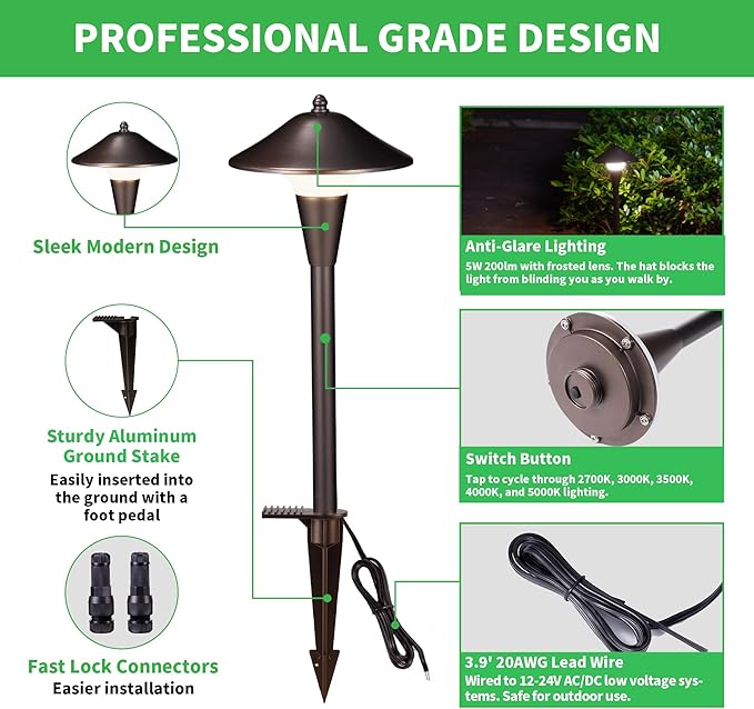 Outdoor Pathway Lights Wired 12V, 2700K/3000K/3500K/4000K/5000K Selectable Landscape Path Light LED, Waterproof Walkway Fixture Mushroom, ORB Aluminum for All Weather Garden Yard (8 Pack)