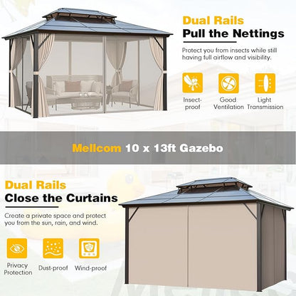 MELLCOM 10'x13' Hardtop Gazebo with Polycarbonate Double Roof, Aluminum Frame Outdoor Gazebo Permanent Pavilion with Curtains and Netting for Patio, Lawn & Garden