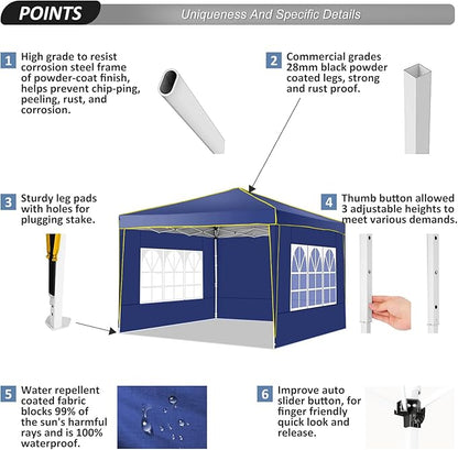 COBIZI 10x10 Pop Up Canopy Tent with 4 Removable Sidewalls, One Person Setup, Outdoor Event Commercial Canopy, UV Protection 50+, 3 Adjustable Heights, Carry Bag, Sandbag, Stakes & Ropes, Navy Blue
