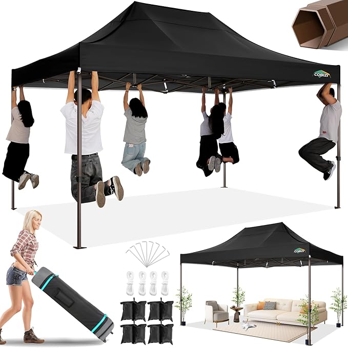 COBIZI 10x15 Pop Up Heavy Duty Canopy with Upgrated Hexagonal Legs, Easy up Tent for Parties, Commercial and Wedding, Outdoor Canopy with Roller Bag, Sand Bags, Waterproof & UPF50+ (Black)