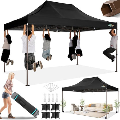 COBIZI 10x15 Pop Up Heavy Duty Canopy with Upgrated Hexagonal Legs, Easy up Tent for Parties, Commercial and Wedding, Outdoor Canopy with Roller Bag, Sand Bags, Waterproof & UPF50+ (Black)