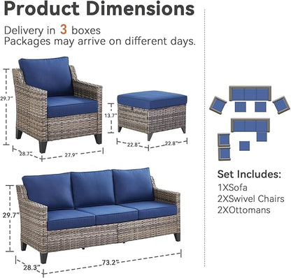 Patio Furniture Set, 5 Pieces Outdoor Wicker Rattan Sofa Couch with Rattan Chair, Ottomans and Comfy Cushions, All Weather Patio Conversation Sets, Suit for Porch Deck Garden