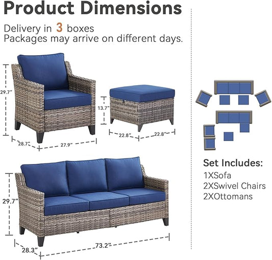 Patio Furniture Set, 5 Pieces Outdoor Wicker Rattan Sofa Couch with Rattan Chair, Ottomans and Comfy Cushions, All Weather Patio Conversation Sets, Suit for Porch Deck Garden