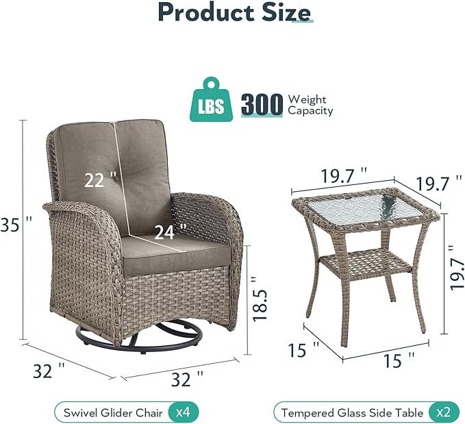 Outdoor Swivel Glider Rocker Chairs Set of 4 - Wicker Patio Furniture Set All Weather Patio Conversatio Sets with 2 Tempered Glass Side Table for Deck Backyard - Grey Wicker Grey Cushion