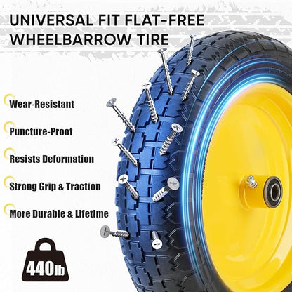 TICONN 4.80/4.00-8 Tire, 16" Flat Free Wheelbarrow Tire and Wheel, Solid Replacement Tires with 3" Centered Hub, 5/8" 3/4" Bearings, Universal Fit 4.80/4.00-8, 3.50/3.00-8, 4.00-6 (Yellow)