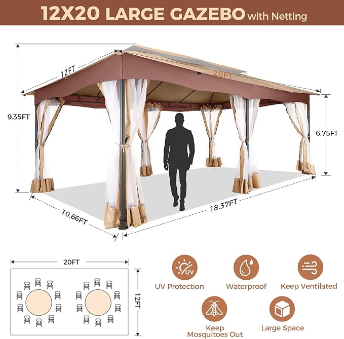 COBIZI Gazebo 12x20 Heavy Duty Gazebos with Improved Nettings Outdoor Gazebo Canopy Double Roof Patio Gazebos with Metal Steel Frame for Patio, Garden, Backyard (Khaki)