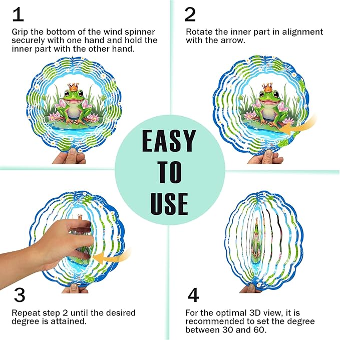 Frog Wind Spinner, 3D Hanging Stainless Steel Garden Spinner, Wind Spinner Hanging for Outdoor & Indoor Décor, Unique Gifts for Yard Garden Decoration or Patio Décor (Frog)