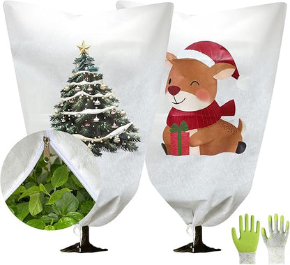 2-Pack Plant Covers Freeze Protection, 47" W x 70" L Thick Frost Cloth with Christmas Element, Tree Wrap for Winter with Zipper Drawstring Protect Your Plants