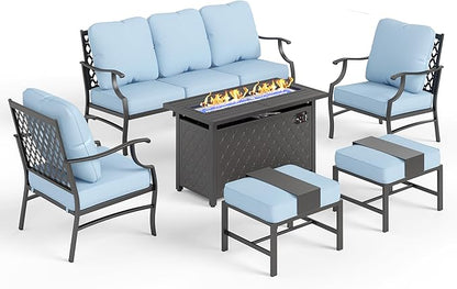 Patio Furniture Set, 6 Pcs Metal Outdoor Conversation Set, 2 Single Chairs, 2 Ottomans and 3 Seater Sofa with 5.75" Extra Thick Cushion and Gas Fire Pit Table, Blue