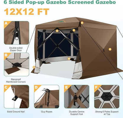 COBIZI 12x12 pop up Gazebo on Clearance Screen Tent for Camping,Scalable Sesign Outdoor Canopy Tent with Extension Support Poles & sidewalls,with Portable Carrying Bag and Ground Stakes,Brown