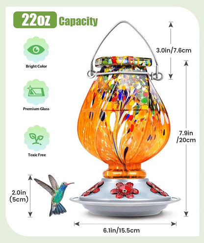 BOLITE Hummingbird Feeder, Hand Blown Glass Hummingbird Feeders for Outdoors Hanging, with 5 Feeding Ports, 22 Ounces, Orange, Birthday Gifts for Women Men, Gifts for Mom Dad