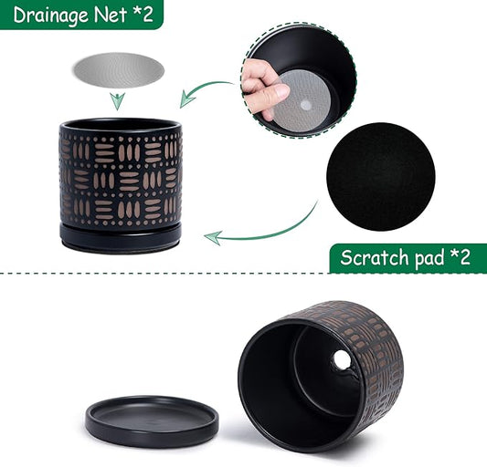 D'vine Dev Set of 2 Ceramic Planter Pots with Drainage Hole and Saucer, 4.5 Inch Plant Pots for Plants Indoor Houseplants, Black, 99-Z-F-2-V