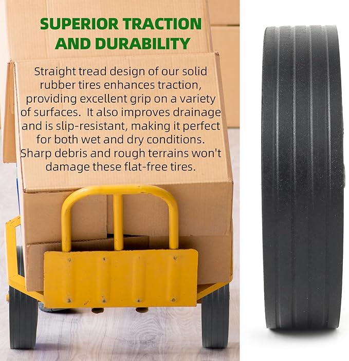 AR-PRO (2-Pack) 10"x2.2" Flat Free Solid Rubber Replacement Tires – 10 Inch Solid Wheels for Hand Trucks, Dollies, Utility Carts, and Wheelbarrows with 2.2" Offset and 5/8" Axle Hole