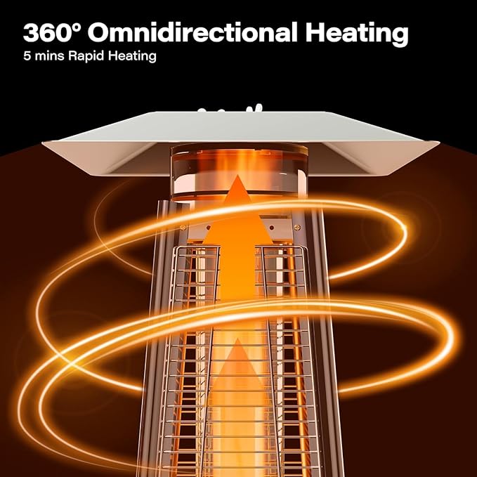 LAUSAINT HOME Pyramid Patio Heater, 48,000 BTU Outdoor Patio Heater All Stainless Steel, Upgraded Quartz Glass Tube Propane Heater for Backyard Commercial, Tip-Over Protection, Cover & Wheels