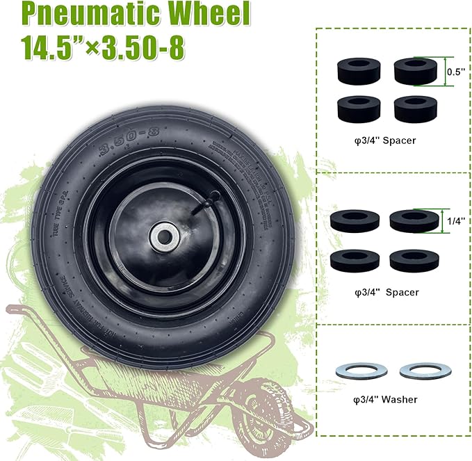 2-Pack 14.5-Inch Wheelbarrow Tire.3.50-8" Pneumatic Tires and wheels with 3"- 6" Center Hub and 3/4" Bushings for Wheelbarrow Lawn Mover Replacement.