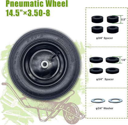 2-Pack 14.5-Inch Wheelbarrow Tire.3.50-8" Pneumatic Tires and wheels with 3"- 6" Center Hub and 3/4" Bushings for Wheelbarrow Lawn Mover Replacement.
