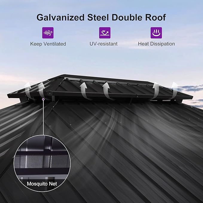 PURPLE LEAF 10' X 14' Hardtop Gazebo Outdoor Wood Grain Aluminum Frame Galvanized Steel Double Roof Gazebos with Netting and Curtains for Patio Deck Backyard Garden