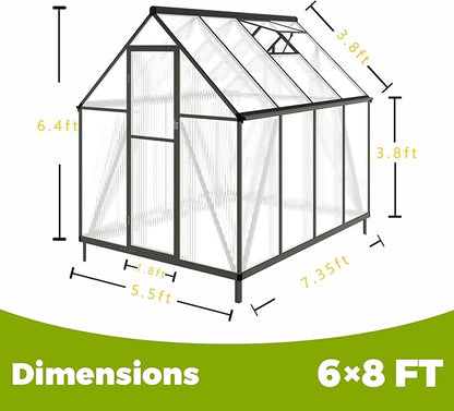 6 x 8 FT Greenhouse for Outdoors,Aluminum Large Walk-in Greenhouse,Dark Gray