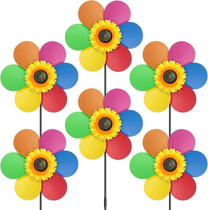 6PCS Sunflower Wind Spinners with Stakes 14" W x 29" H Wind Spinners Lawn Pinwheel Rainbow Windmill Outdoor Pinwheels for Yard Decoration（Rainbowcolors）