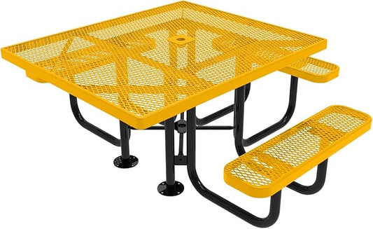 COATEDOUTDOORFURNITURE Heavy-Duty Portable ADA-Compliant Outdoor Picnic Table with Umbrella Hole, Expanded Metal Patio Dining Furniture Made in America (46" Square Top, Textured Yellow)