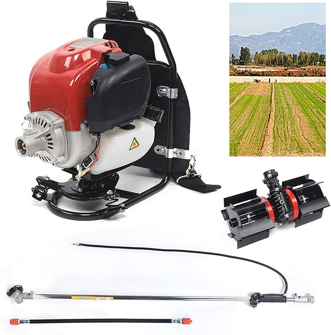 3 in 1 Multi-Function Tiller Cultivator 35.4CC 4 Stroke Backpack Brush Cutter,Gas Powered Hedge Trimmer Air-Cooled Single Cylinder Digging Tool for Garden, Yard and Farm Remove Weeds Soil Cultivation