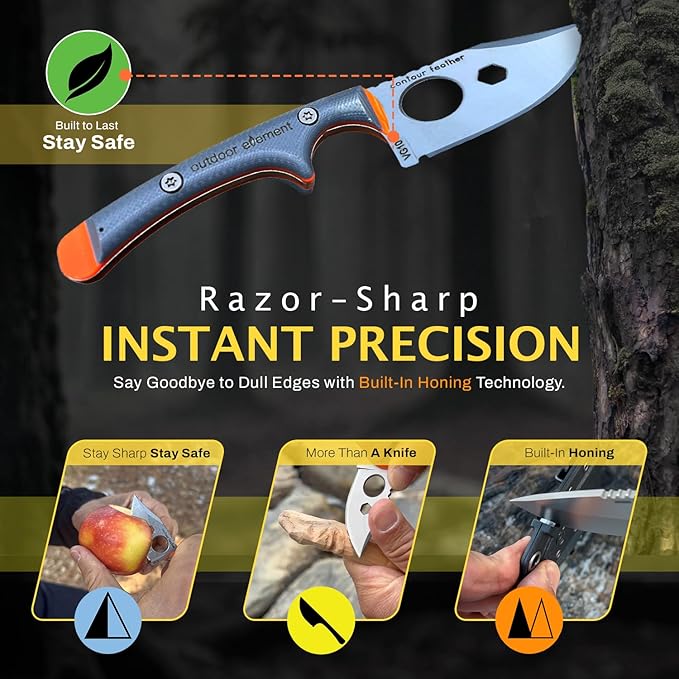 OUTDOOR ELEMENT Contour Feather Survival and Culinary Knives – VG10 Steel Fixed Blade with Fire Starter, Hex Driver, Knife Sharpener, Sheath & Built in Whistle - Built For Camping & Outdoor Adventure