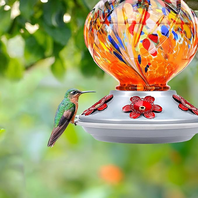 BOLITE Hummingbird Feeder, Hand Blown Glass Hummingbird Feeders for Outdoors Hanging, with 5 Feeding Ports, 22 Ounces, Peony Flower Shape, Orange, Gifts for Women Men, Gifts for Mom Dad