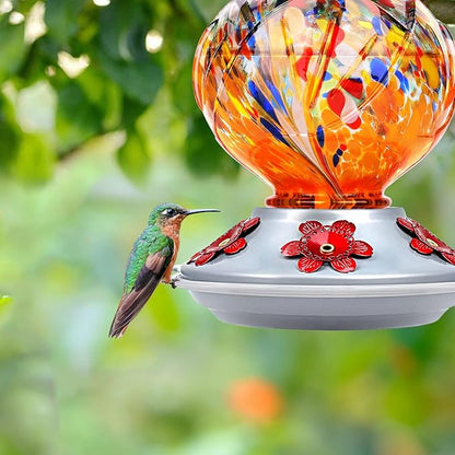 BOLITE Hummingbird Feeder, Hand Blown Glass Hummingbird Feeders for Outdoors Hanging, with 5 Feeding Ports, 22 Ounces, Peony Flower Shape, Orange, Gifts for Women Men, Gifts for Mom Dad