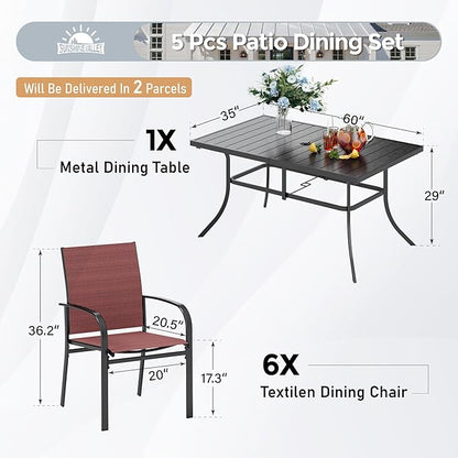 Patio Dining Set 7 PCS, Rectangular Steel Dining Table with 1.57" Hole, Red Stable Dining Chairs for 6,Patio Table and Chairs for Outdoor Lawn Garden,Deck.