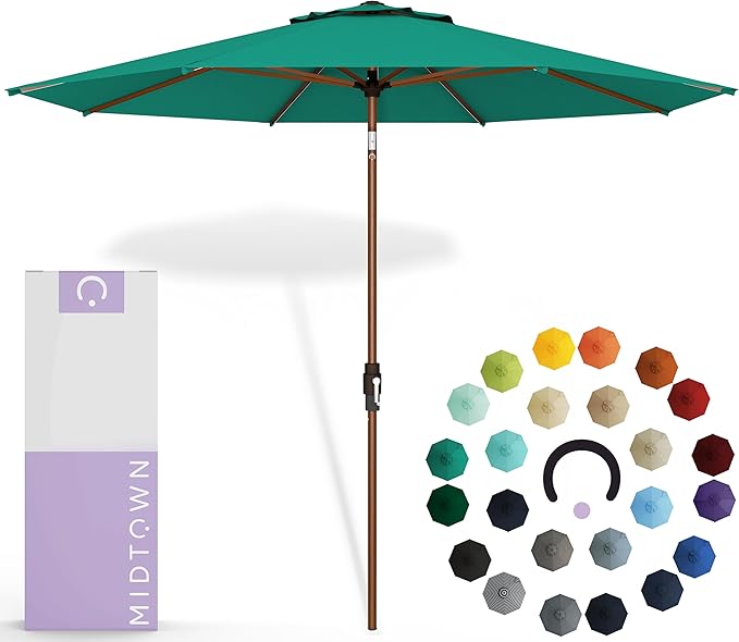 Midtown Umbrellas Sunbrella Umbrella Outdoor Patio Umbrella 2-9 Feet in Canvas Teal Acrylic Fabric, Auto-Tilt Aluminum Frame For Backyard Umbrella, Deck Umbrella & Porch Umbrella - Wooden Pole