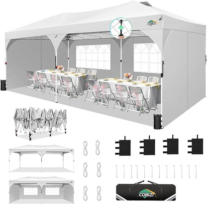 COBIZI 10x20 Pop Up Canopy Tent with 4 Sidewalls, Instant One-Push Setup, Commercial Canopy with Air Vent & Reflective Strip, UPF 50+ Waterproof Party Tent with Sandbags & Stakes for Events (White)