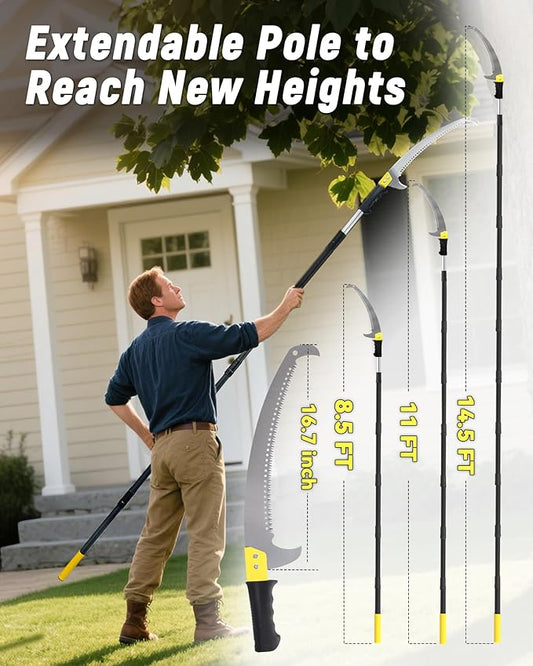 11FT Pole Saw with Adjustable Length for Tree Trimming, Lightweight Manual Pruning Saw with Mn Steel Blade, Long Extension Branch Cutter Pole Pruner for Yard, Garden, Patio and Forestry Use