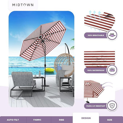 MIDTOWN UMBRELLAS The Lean 8 Feet Outdoor Umbrella With Terylast Red Stripes (Red/White Stripes) Polyester Fabric - 8 Ribs Aluminum Frame Patio Umbrella With Zinc Alloy Crank Lift And Auto-Tilt System