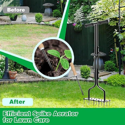 Lawn Aerator Tool, 2-in-1 Spike Manual Core Aerator Lawn Tool with 15 Iron Spikes, Gardening Hand Tools, Grass Plugger Yard Aerators for Garden Yard Lawns Soil Care, Revives Lawns Health(Black)