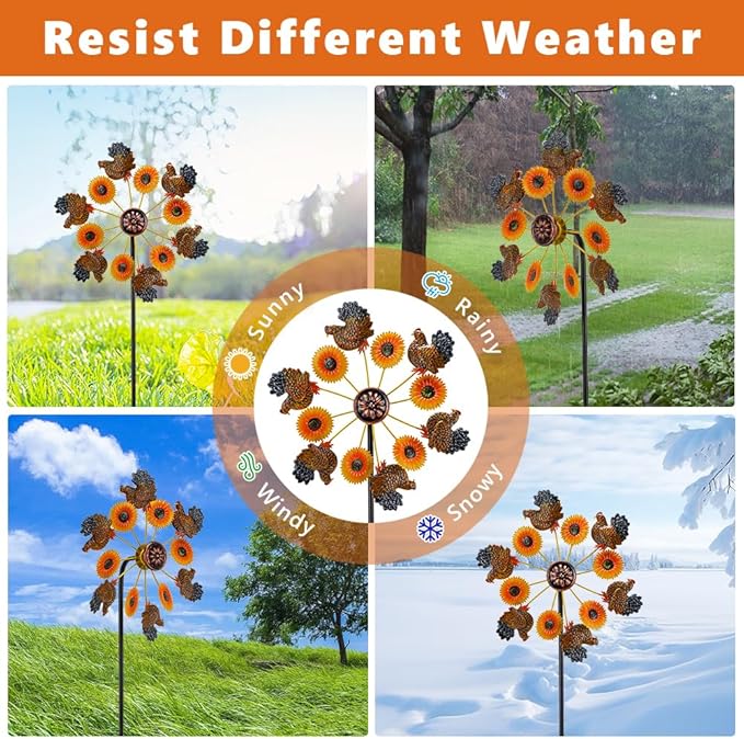 VEWOGARDEN 2PCS Wind Spinners Outdoor, Metal Wind Spinners with Sunflower and Hen Design for Yard Garden Lawn Thanksgiving Decorations