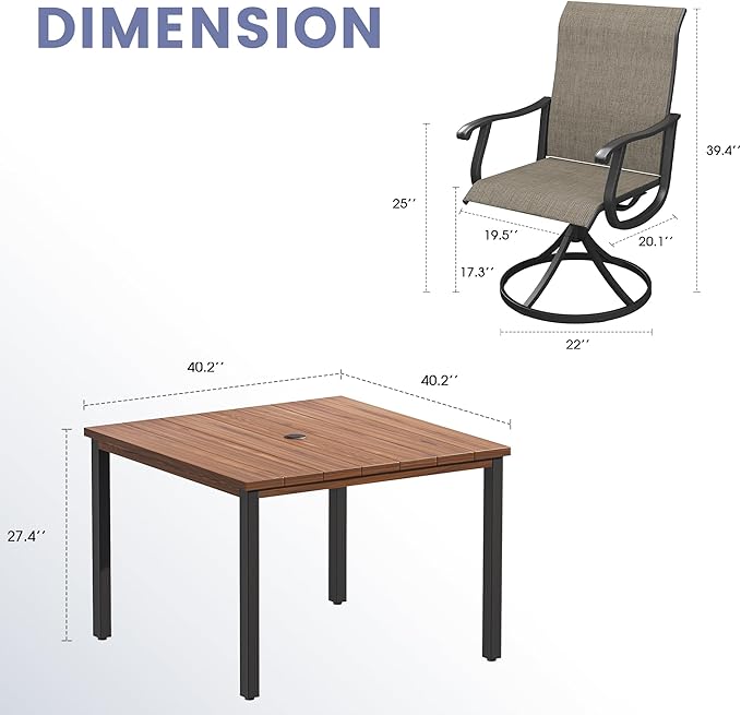 VICLLAX 5 Pieces Outdoor Dining Set, Patio Furniture Set of 4 Patio Swivel Dining Chairs and Square Patio Table, Mixed Brown Chairs & Walnut Tabletop