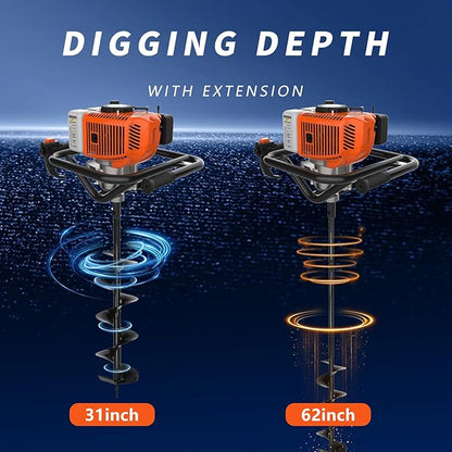 62cc 2-Stroke Auger Post Hole Digger with 2 Extension Rods & 6" & 8" Auger Bits - Gas Powered Earth Auger for Fencing, Gardening, Construction - Heavy Duty Digging Machine (62cc+2 Auger Bit(6"8"))