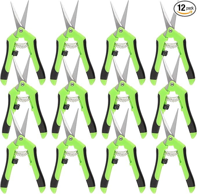 JEUIHAU 12 Pack 6.5 InchesPruning Shears Trimming Scissors, Gardening Hand Pruning Shears with Straight Tip Stainless Steel Blades, Micro Tip Pruning Snips for Trimming Garden Herb Plant Flower, Green
