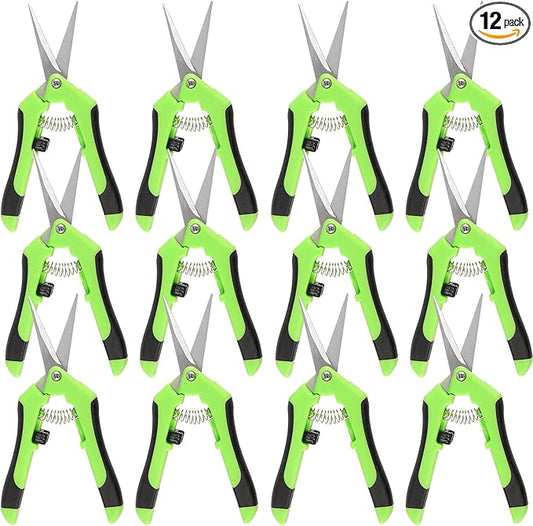 JEUIHAU 12 Pack 6.5 InchesPruning Shears Trimming Scissors, Gardening Hand Pruning Shears with Straight Tip Stainless Steel Blades, Micro Tip Pruning Snips for Trimming Garden Herb Plant Flower, Green