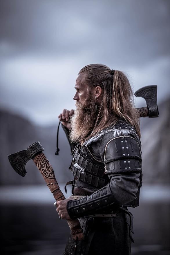 AX-7000 Custom Gift Forged Carbon Steel Viking Axe with Rose Wood Shaft, Viking Bearded Camping Axe